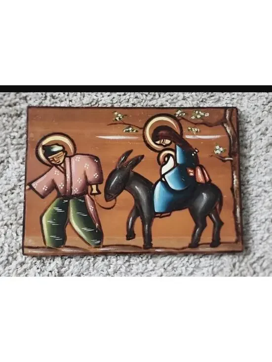 Hand-Painted Wooden Religious Plaque with Nativity‎ Scene