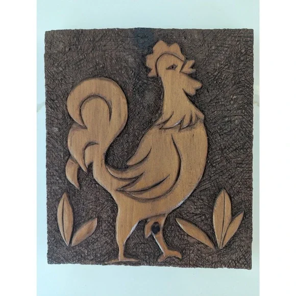 Vtg 1966 Hand Carved Wood Wall Plaque Brown Rooster Folk Art 8x8 MCM Farmhouse