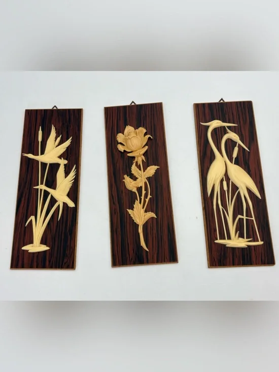 Set of 3 Mid-Century Modern Carved Wall Plaques in Brown and Cream