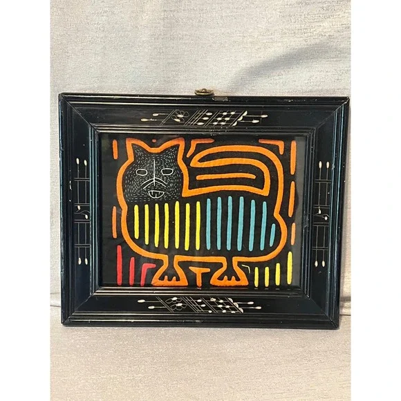 Vintage Panama Mola Folk Art Framed Cat Textile Guna Indigenous Handmade Art