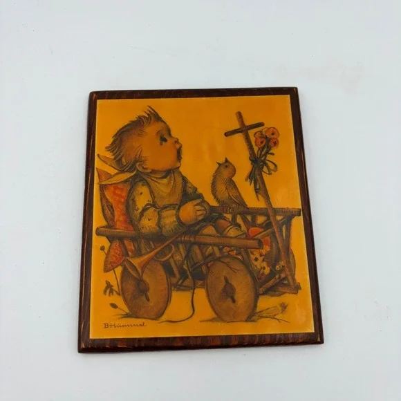 Vintage B Hummel Child with Bird Cart Wall Plaque Art‎ Wood Framed 1975