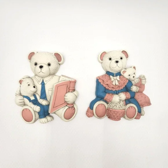 Vintage HOMCO Teddy Bear Family Storytime Wall Plaque 2 Pieces Wall Plaque 7604
