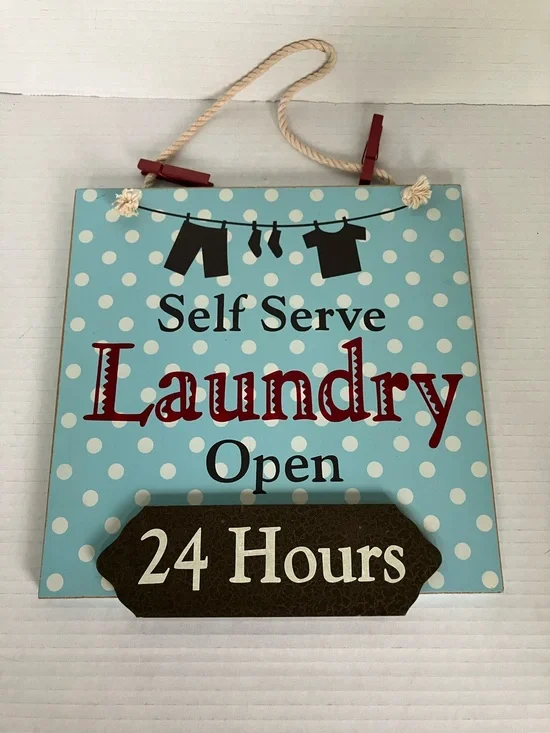 Self Serve Laundry Open‎ 24 Hours Wall Sign - Blue Polka Dot Wood 10 inch