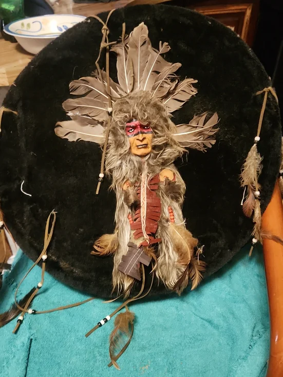 Handmade Native-style Feather Doll with Fur and Beads - Brown & Black