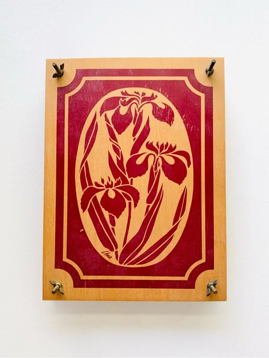 RARE VINTAGE Lena Red Floral Orchid Print on Wood Plant Press