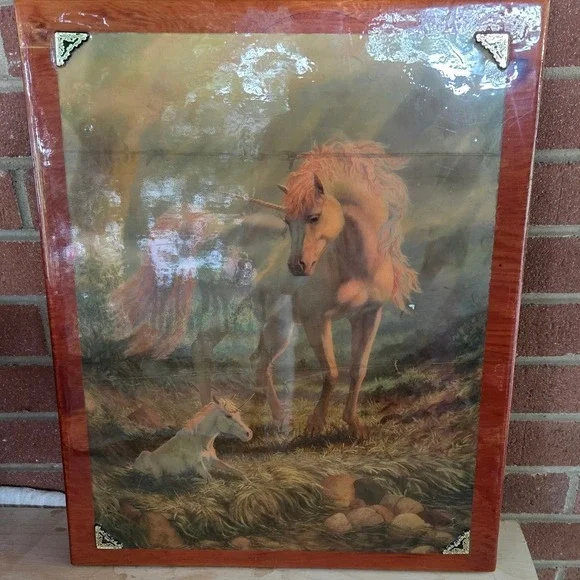 Vintage Unicorn Wood Plaque Wall Art Fantasy Mythical Mother & Baby 16x20 80s