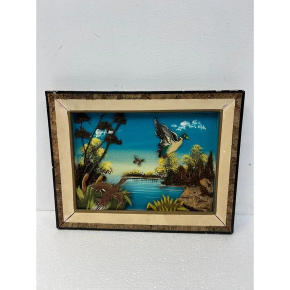 Vintage Mixed Media Shadowbox Art Ducks Flying Mallard Lake Scene Cabin Decor
