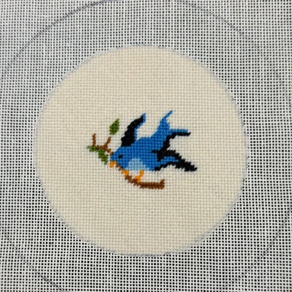 Vintage Needlepoint Bluebird Canvas Art Home Decor Small Blue White Bird Cottage