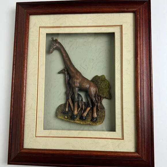 3D Carved Giraffe with Baby in Wooden Shadow Box 12