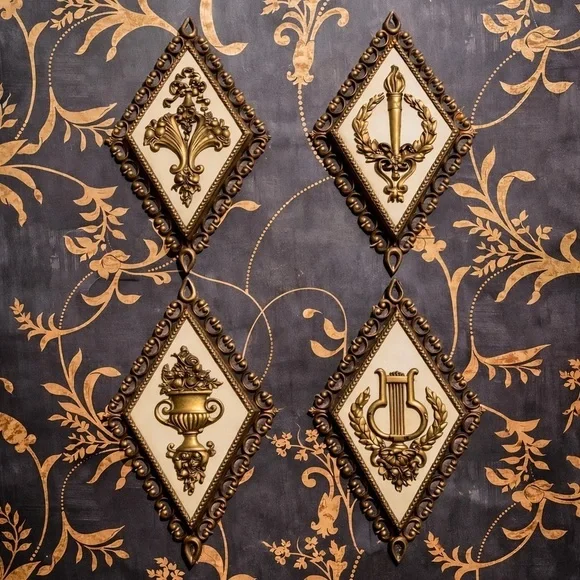 Vtg HOMCO Roman Gold Diamond Shaped Wall Plaques Ornate MCM Set Of 4