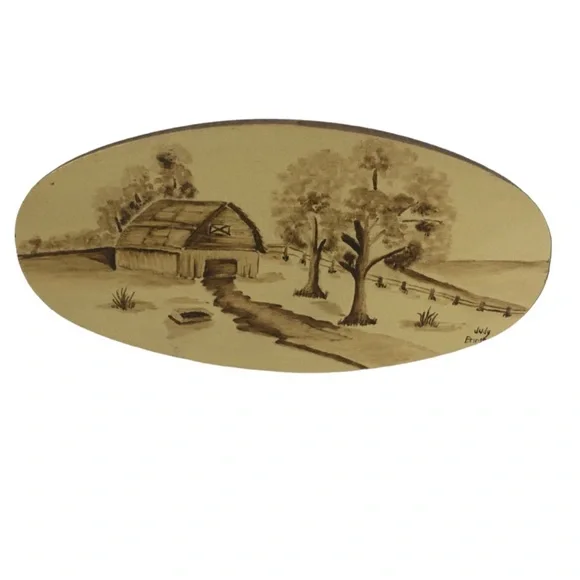Vintage Hand-painted Barn in Meadow Signed Small Oval Wall Hanging Plaque