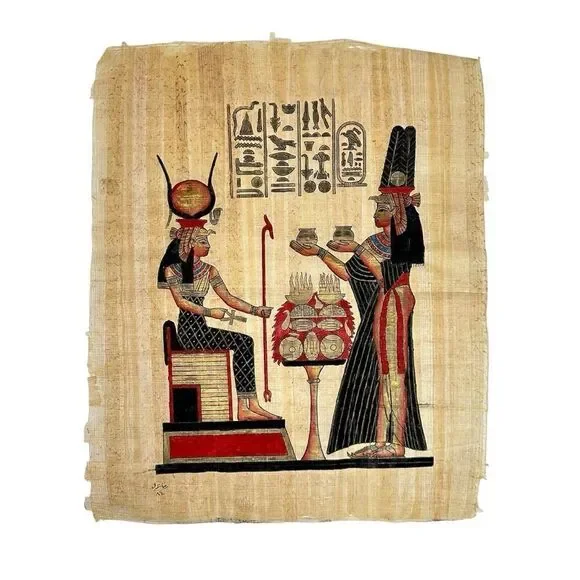 Vintage Egyptian Papyrus Painting Goddess Hathor Offering Scene Handmade Art