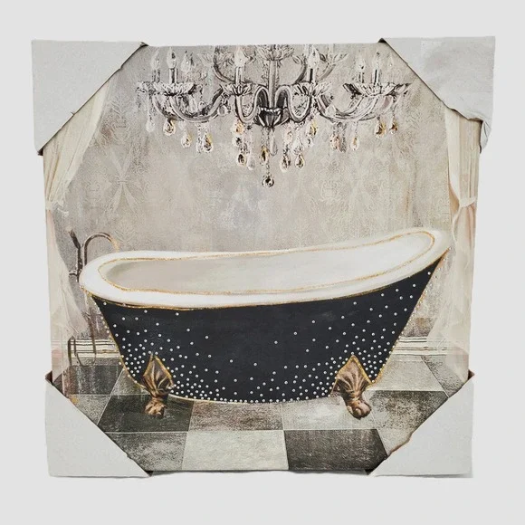 Glam Rhinestone Embellished Clawfoot Bathtub Chandelier Canvas Wall Art‎ Decor