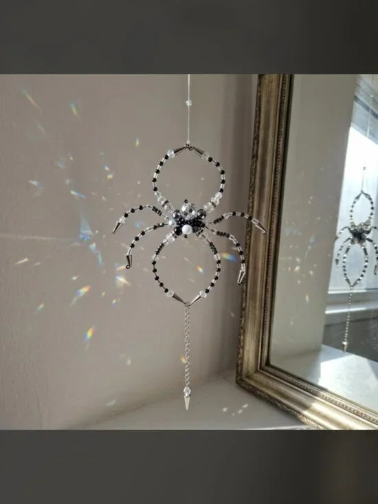 Black & White Beaded Spider Suncatcher - Handmade Gothic Window Decal