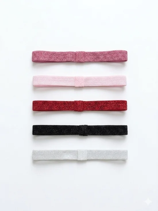 Glitter Elastic Headband Set - Pink, Light Pink, Red, Black, Silver Baby Kids