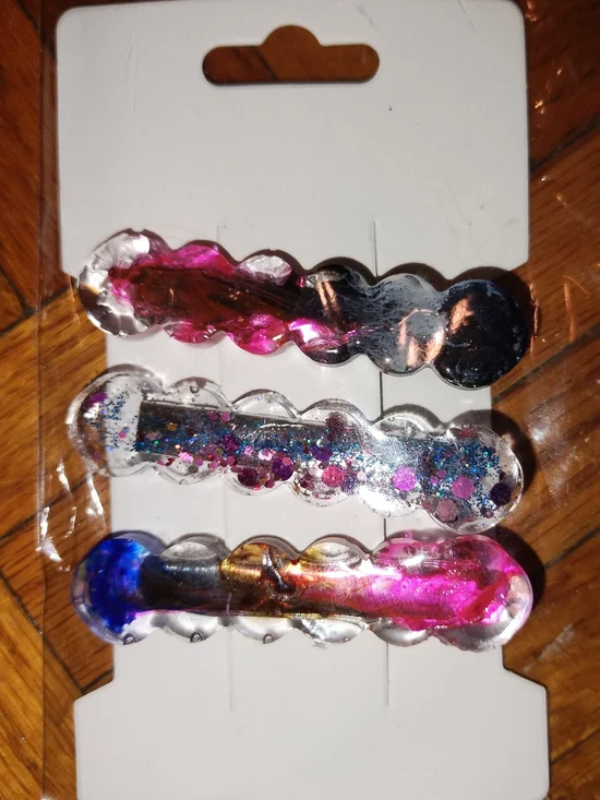 Trio of Iridescent Glitter Resin Hair Clips - Pink, Blue, Silver