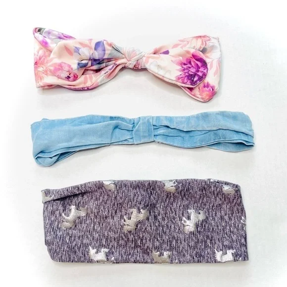 GIRL’S Stretchy Headbands Set of 3 Unicorn, Flower and Chambray