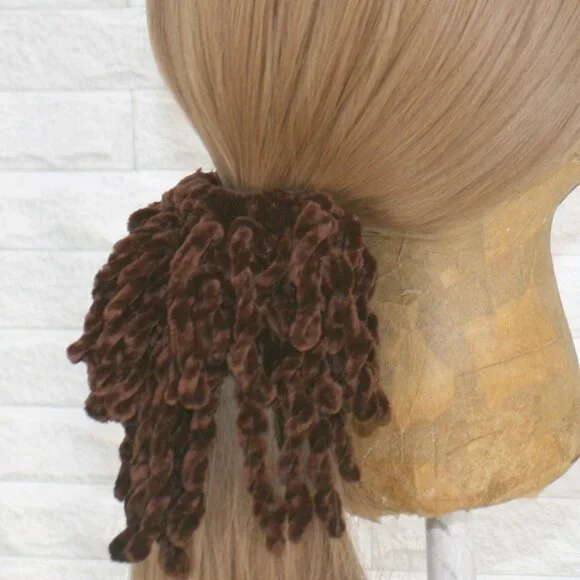 HAND CRAFTED Hair Scrunchie Fringe Kids Crochet Chenille Velvet Oversized Brown