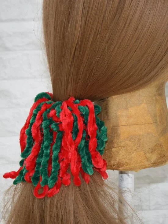 HAND CRAFTED Hair Scrunchie Fringe Crochet Kids Chenille Velvet Xmas Green Red