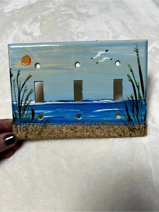 Hand-Painted Coastal Triple Light Switch Cover - Blue Beach Design