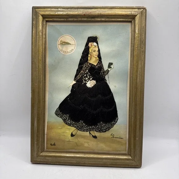 Antique Embroidered Framed Picture Women In Black Gown Signed