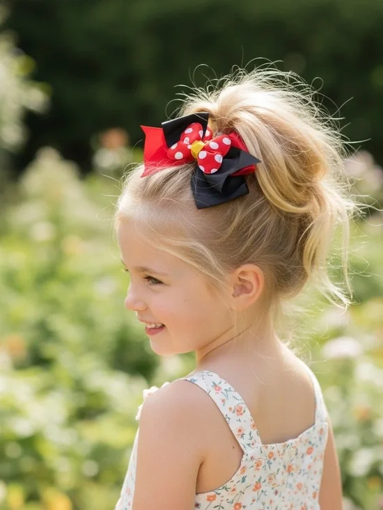 New BUNDLE of 2 Girls MickeyMouse Red Layered Bow‎ Hair Clip Disney Parks Outfit