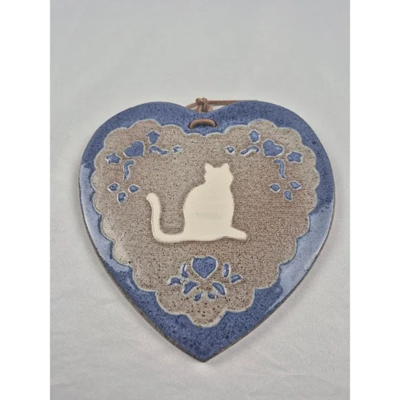 Vintage Handmade Pottery Heart Wall Plaque Cat Blue Ceramic Hanging Folk Art