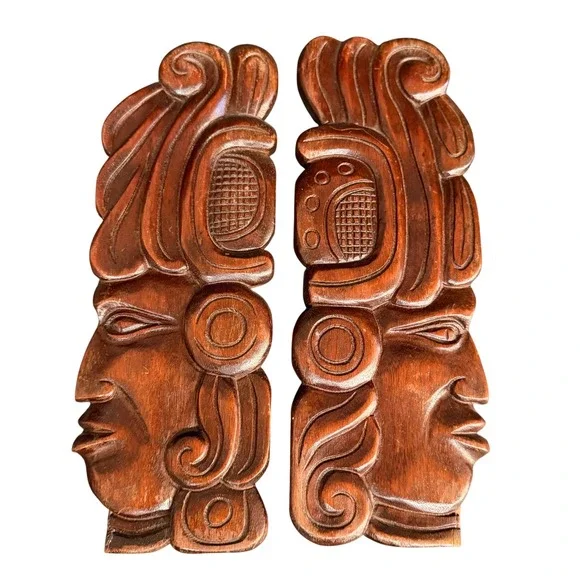Vintage Honduras Hand Carved Wood Mayan Aztec Face Wall Art Plaques Pair 10.5