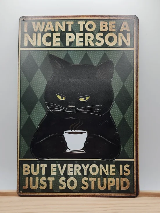 Grumpy Black Cat Coffee Metal Wall Sign - Green & Cream Sarcastic Decor