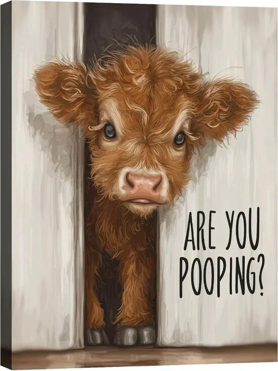 Funny Highland Cow Bathroom Decor | Humorous Canvas Wall Art for Restroom