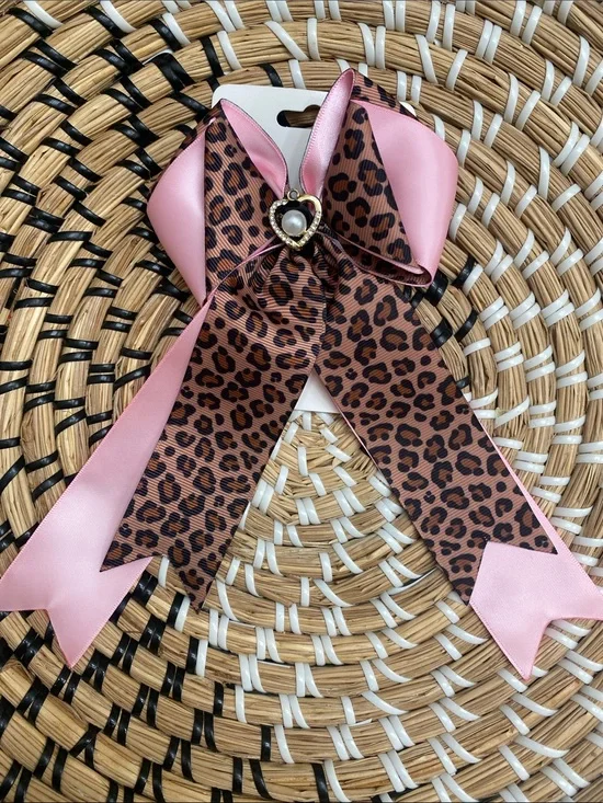Pink Satin & Leopard Print Hair Bow with Heart Accent