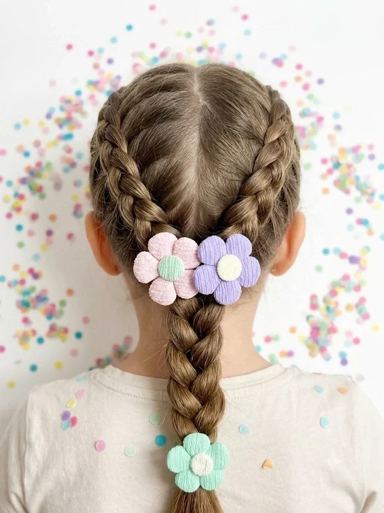 Set of 3 Handmade Fabric Flower Hair Ties, Pastel Textured Pony Holders