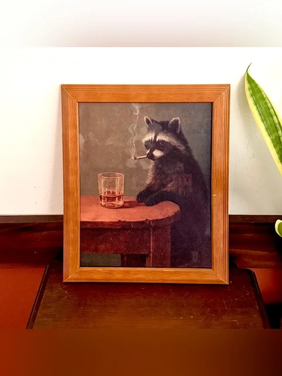 Raccoon Smoking a Cigarette Drinking Whiskey Canvas Art Print Vtg Wood Frame