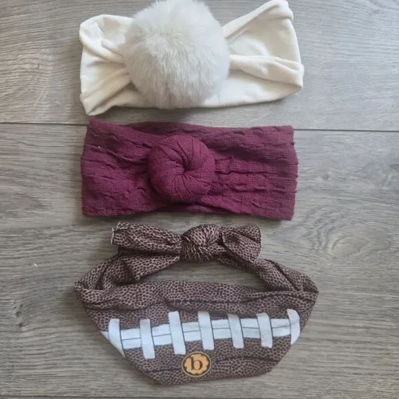 ​LOT OF 3 Baby Bling Bows Headbands Football Cream Pom Maroon Cable Knit Infant