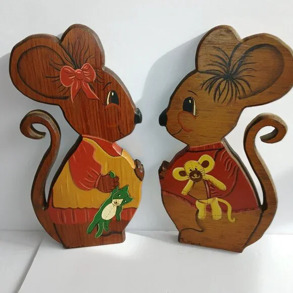 2 Vintage handmade wood mice wall hangings 11.25