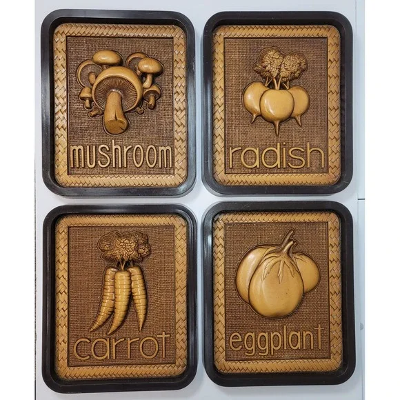 Vtg 1979 Syroco‎ Vegetable Wall Plaques 4pc Mushroom Radish Carrot Eggplant 7567
