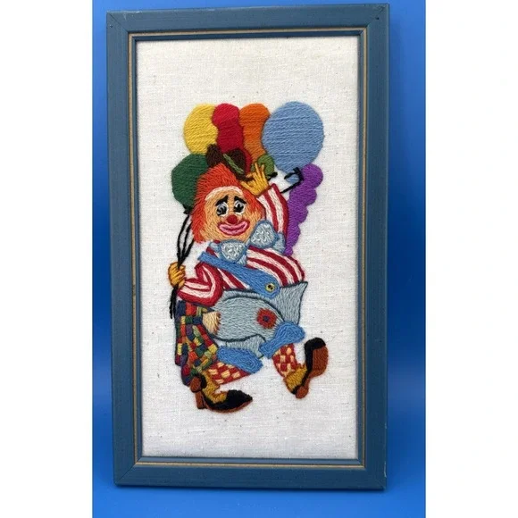VTG 1970s Hand Embroidered Clown w Balloons Framed Needlework Wall Art