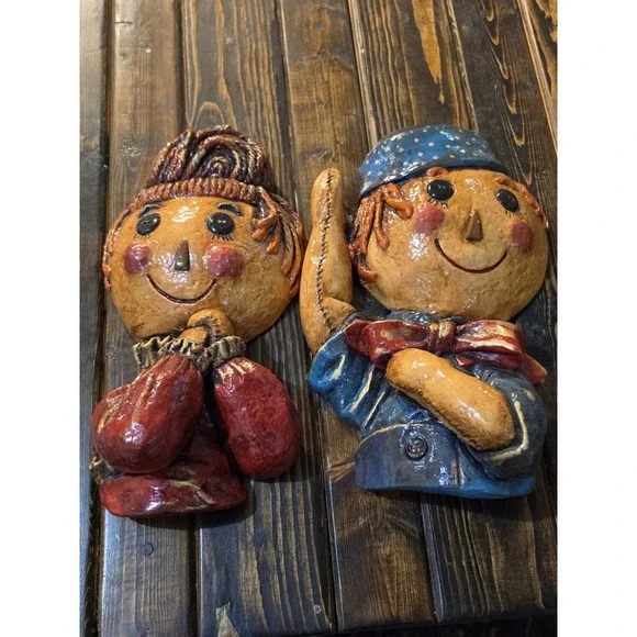Vintage‎ Pair Raggedy Ann and Andy Face Chalkware Plaster Wall Decor Plaques