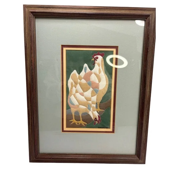 Vintage Woodrome‎ Fabric Applique Rooster Hen Textile Art Framed Farmhouse Decor