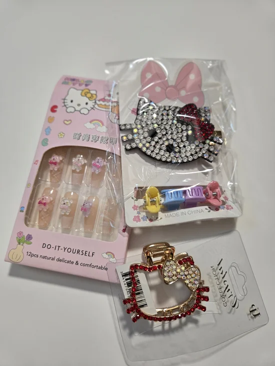 Hello Kitty Beauty & Hair Accessories Bundle Press On Nails Hair Clips New