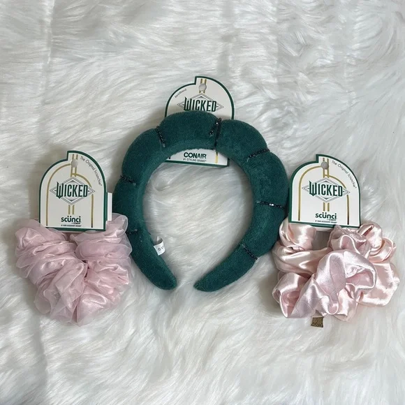 NWT Wicked Scunci Green Headband Pink Ponytail Holder Scrunchies Set