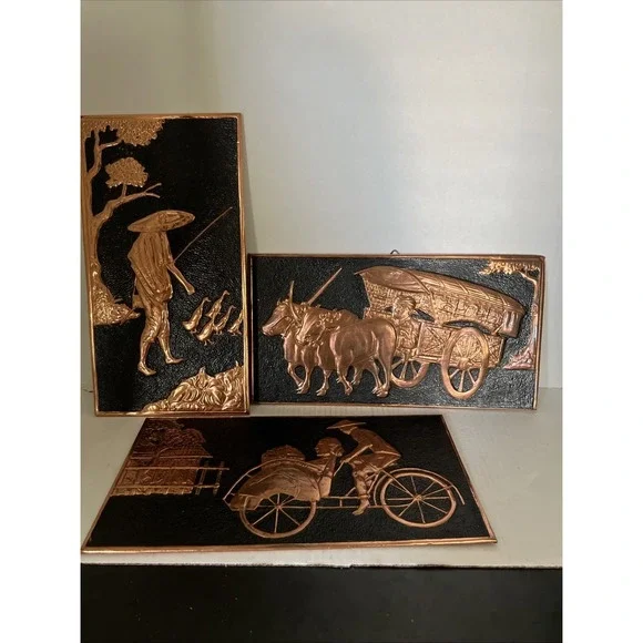 Vintage Copper Wall Art Plaques Set 3 Mid Century Modern Embossed Decor
