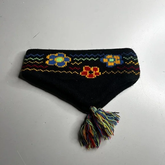Vintage Black Knit Floral Ear Warmer Headband with Tassels Girls Size 7-14