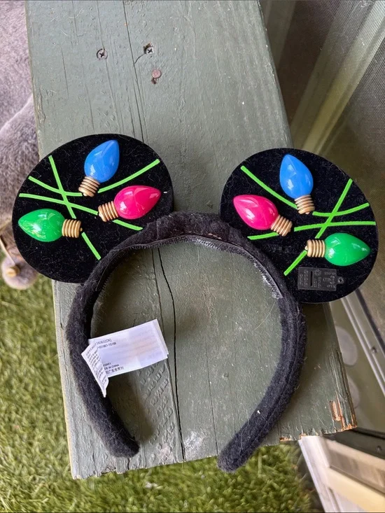 RARE DUO PACKAGE Disney Black Ear Headband with Blue Pink and Green Light Bulbs