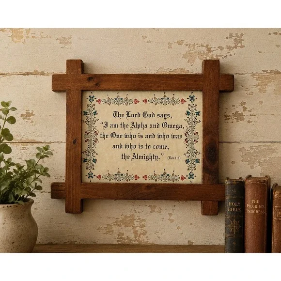 Vintage Alpha and Omega Scripture Wall Art Rustic Wood Frame Revelation 1:8