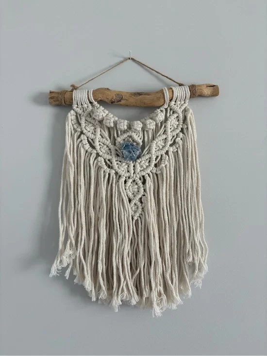Handmade Macrame Wall Hanging with Blue Stone Accent