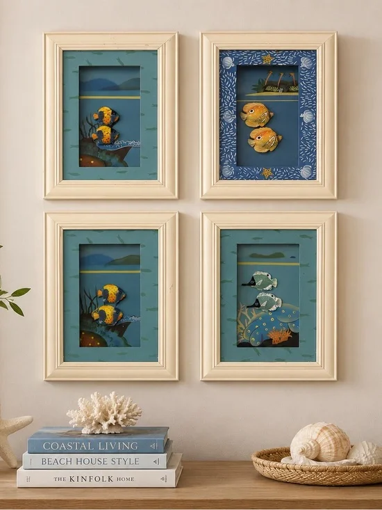 Set of 4 Coastal Tropical Fish Shadow Box Wall Art Framed 3D Nautical