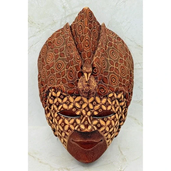 Hand‎ Carved Indonesian Batik Wood Mask Batik Pattern Bird Motif Wall Art EUC
