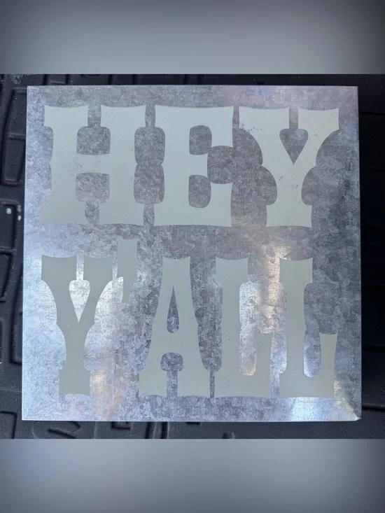 “HEY Y’ALL” Metallic Silver Stenciled Wall Art Panel - Pale Mint Lettering
