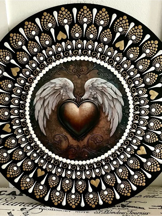 Hand painted Decorative Winged Heart Wall Art in Gold, White & Black 16 inch